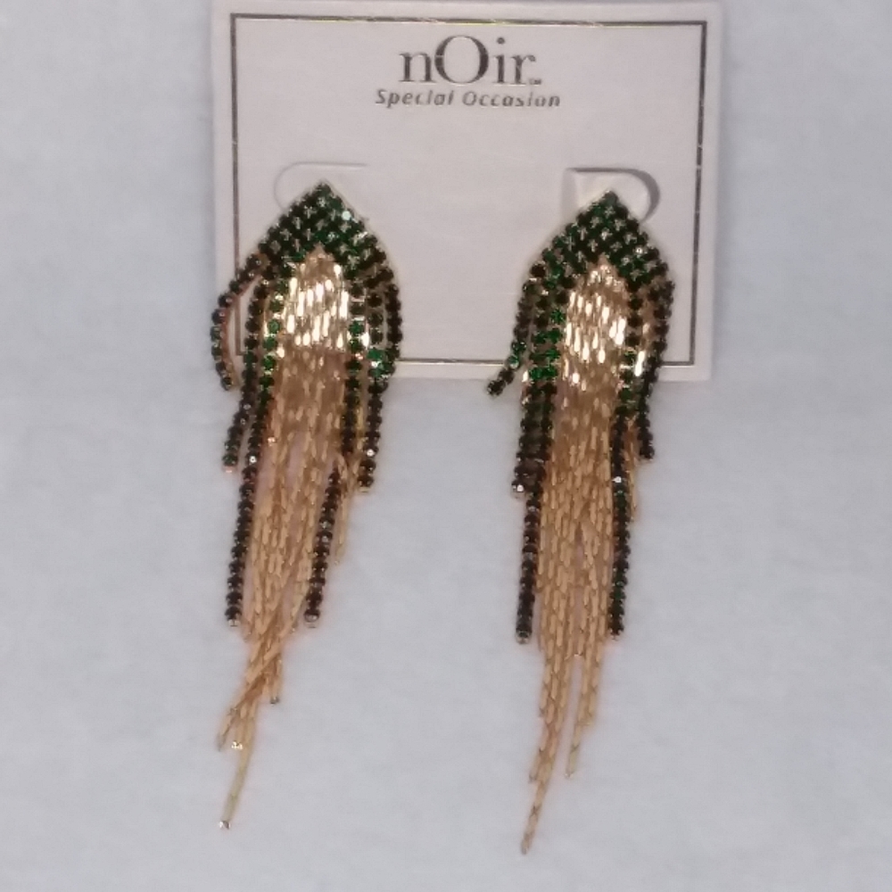 Dangle Pierce Earrings Gold Tone Green Rhinestone Noir